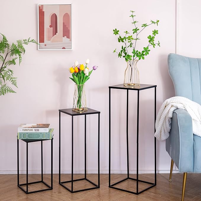 Black Tall Plant Stand: 23.6in, With Metal Panel, Packs of 2 | Columnar Cube Shape, Easy to Assembly, Flowers Cakes Drinks Display Table Centerpieces for Wedding Party Event