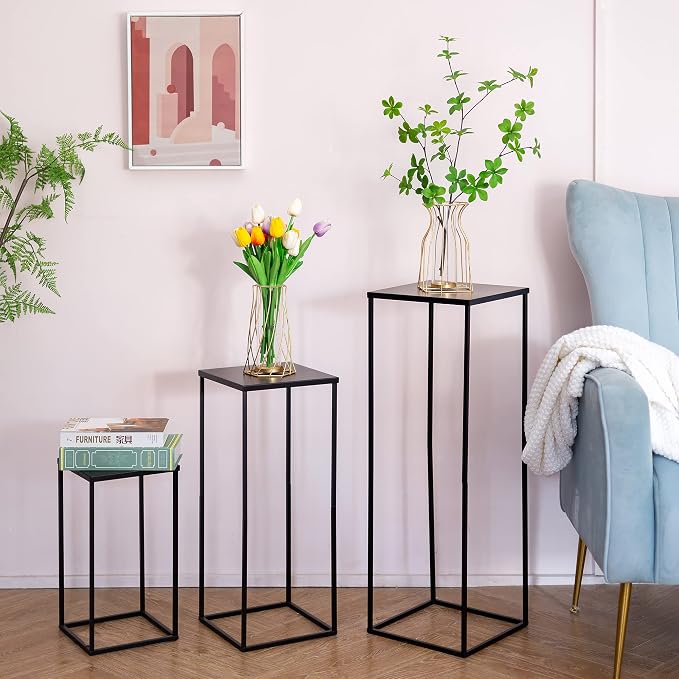 Black Tall Plant Stand: 31.5in, With Metal Panel, Packs of 10 | Columnar Cube Shape, Easy to Assembly, Flowers Cakes Drinks Display Table Centerpieces for Wedding Party Event