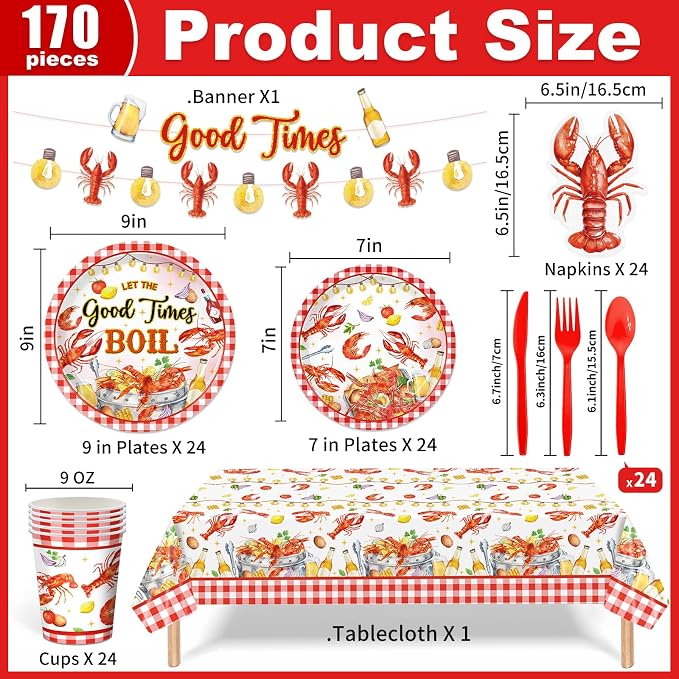 170PCS Crawfish Boil Party Decorations Crayfish Crab Seafood Shrimp Theme Party Supplies Watercolor Lobster Plates Cups Napkins Tableware for Summer BBQ Picnic 24 Guests