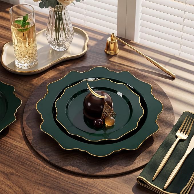 WDF 175Pcs Green Plastic Plates - Green Plates Disposable with Gold Rim - Christmas Plastic Plate - Fancy Disposable Dinnerware Sets 25 Guests Ideal for Party/Wedding/Birthday/2026 FIFA World Cup