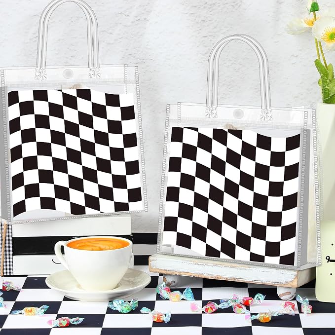 Supervitae 36 Pcs Checkered Racing Clear Favor Bags with Handle Reusable Plastic PVC Gift Bag Race Car Goodies Treats Wrap Totes for Birthday Wedding Graduation Party Supplies, 8 x 8 x 3.15 Inch
