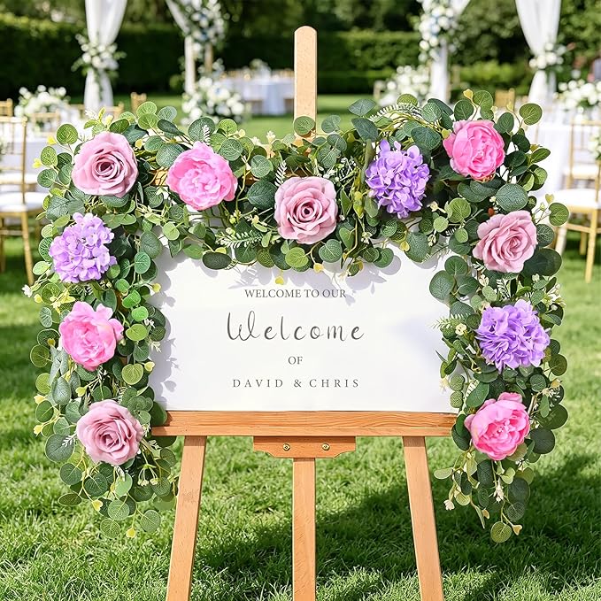 Livole 2Pcs 12 Ft Artificial Flower Garland Fake Pink Rose Peony Floral Garland with Eucalyptus Flower Hanging Vine for Wedding Arch Table Centerpieces Backdrop Party Home Decorations