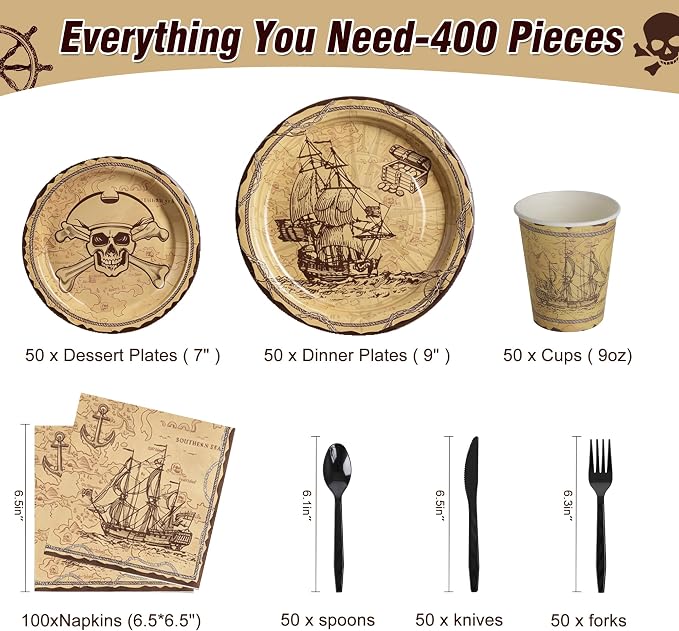 400 Pcs Disposable Pirate Tableware Set for 50 Guests | Heavy-Duty 7" & 9" Paper Plates, Cups, 13" Napkins & Plastic Cutlery for Tresure May Theme Party Supplies