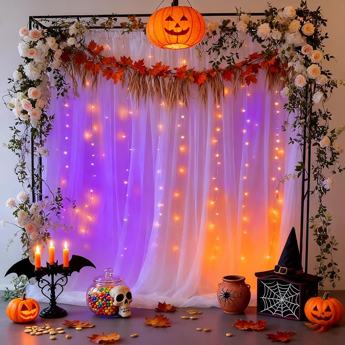 10x8ft White Tulle Backdrop Curtain with Lights String for Parites, Sheer Photo Backdrop Curtains with Lights for Wedding Backdrop Ceremony Reception Bridal Shower Baby Shower Birthday Party