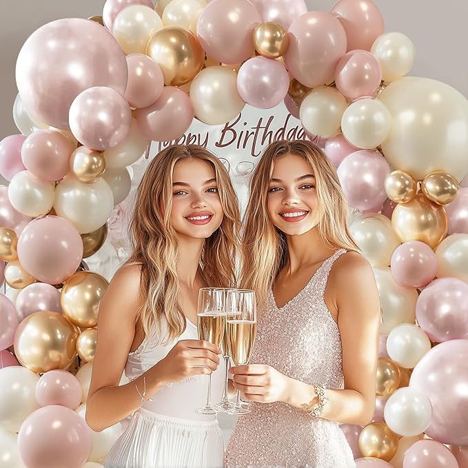 Pink Gold White Balloons Arch Kit - 119 pcs Double Stuffed Dusty Pastel Light Pink Champagne Gold Pearl White Sand Balloons for Birthday Bridal Shower Wedding Party Decorations