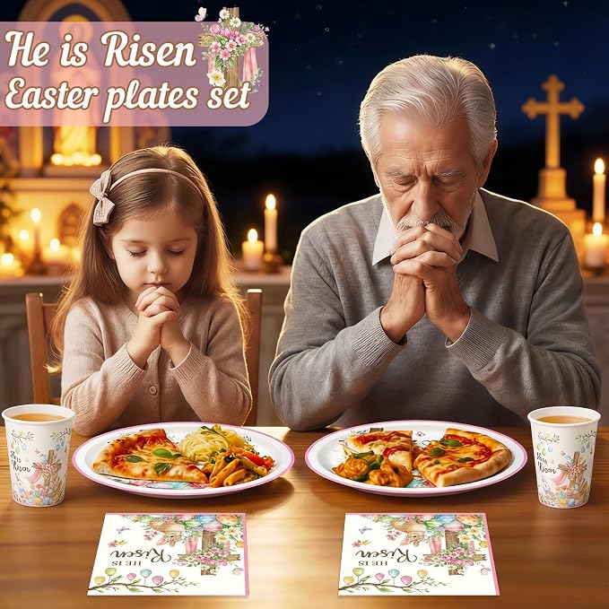 Vesici 150 Pcs He is Risen Oval Paper Plates and Napkins Christian Easter Tableware Set 10'' x 12'' Large Disposable Heavy Duty Religious Easter Plates Cross Paper Cups Napkin for Jesus Party Supplies