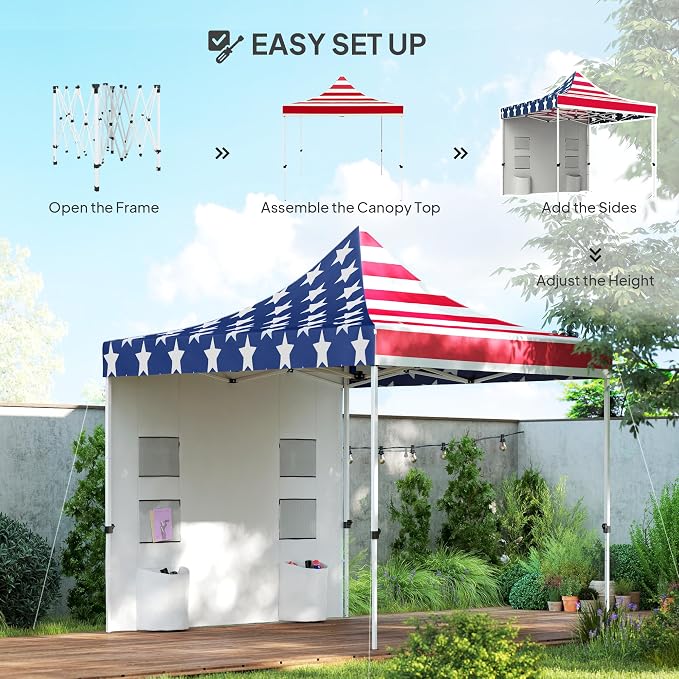Outsunny 10' x 10' Heavy Duty Pop Up Canopy Tent with Sidewall and Trash Bags, UPF50+ Instant Sun Shelter, Height Adjustable, with Wheeled Bag, Sand Bags for Outdoor, Patio, American Flag Print