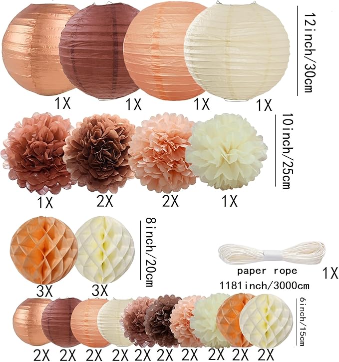 WOLHOWLTD Rose Gold Paper Decoration Set - 36 Pcs Paper Lanterns Pompoms Honeycomb for Wedding, Valentine's,Single Party,Bridal Shower,Birthday Home Garden Decoration(Rose Gold Coffee Peach Beige)