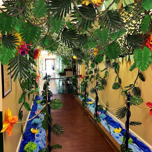 Bucherry 2 Sets Jungle Party Decoration 10 x 13 ft Netting with Tropical Rainforest Theme Leaves Artificial Greenery Garland Vine for Hawaiian Luau Rainforest Party Decoration Indoor Outdoor