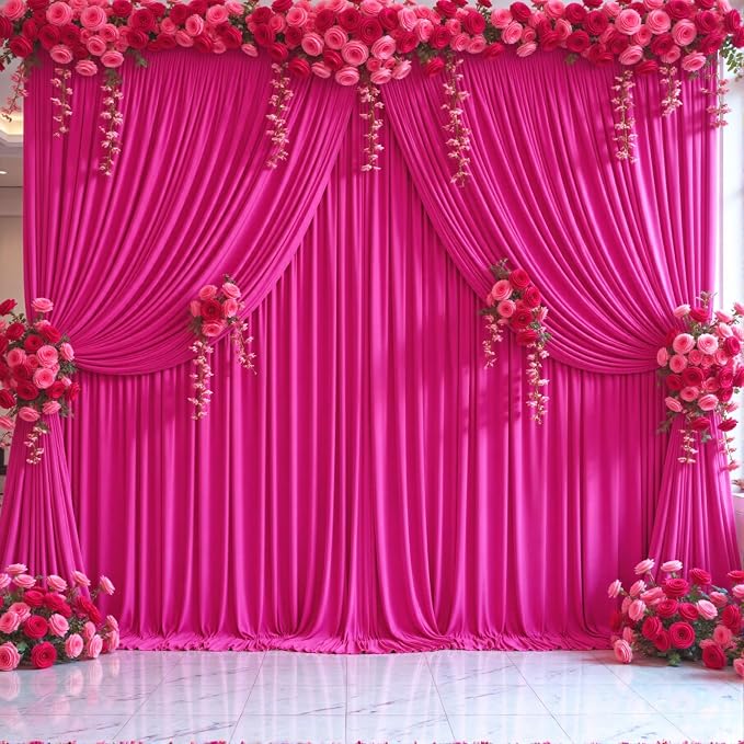 10 Panels Hot Pink Backdrop Curtains for Wedding Party Wrinkle Free Backdrops Curtain Drapes Fabric Decorations Fuchsia Photo Back Drop for Baby Shower Photography Stage Reception 50ft(W) x 12ft(H)