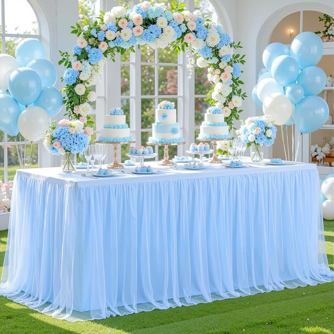 6 Pack Baby Blue Table Cloth for 6 Foot Rectangle Tables, Stretch Fitted Tulle Table Covers Skirt, Rectangular Ruffle Tutu Tablecloth Wedding Baby Shower Baby Shower Cake Tablecloths