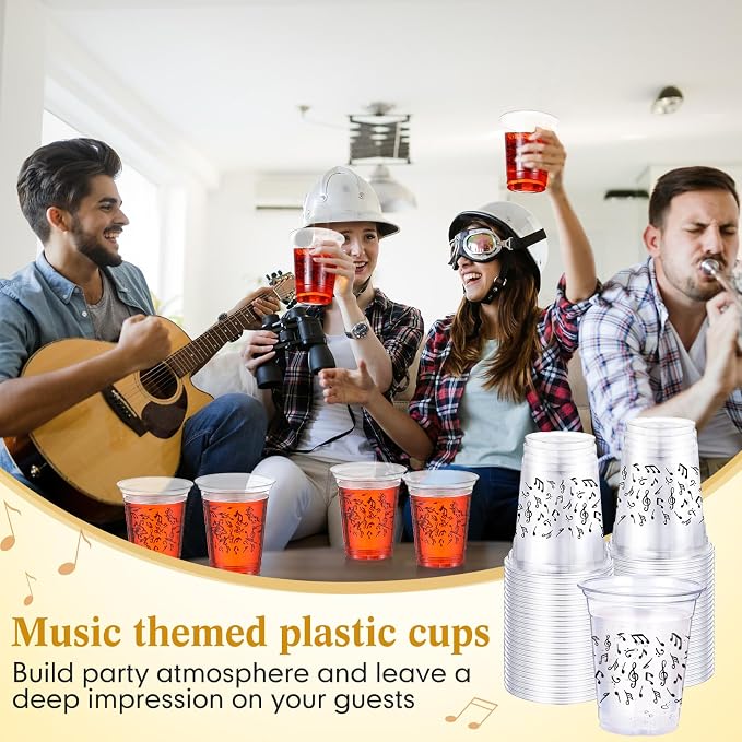 Funnymoom 60 Pack Music Notes Cup 12 oz Disposable Clear Plastic Musical Cups for Men Women Music Birthday Party Decorations Favors Wedding Anniversary