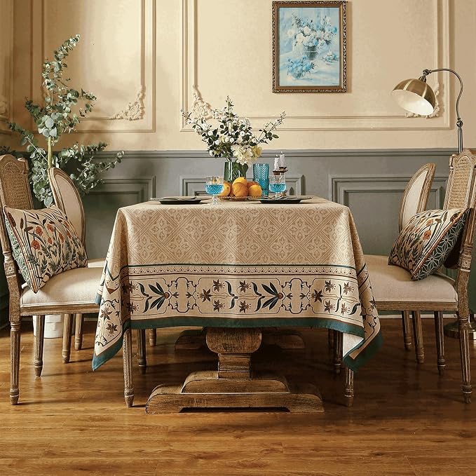 patdrea Designer French Linen Tablecloth,Rectangular,87"x55"-Fram | Elegant Durable Table Cloth for Rectangle Table,Vintage Block Print,for Dining Room Tea Party Thanksgiving,Beige