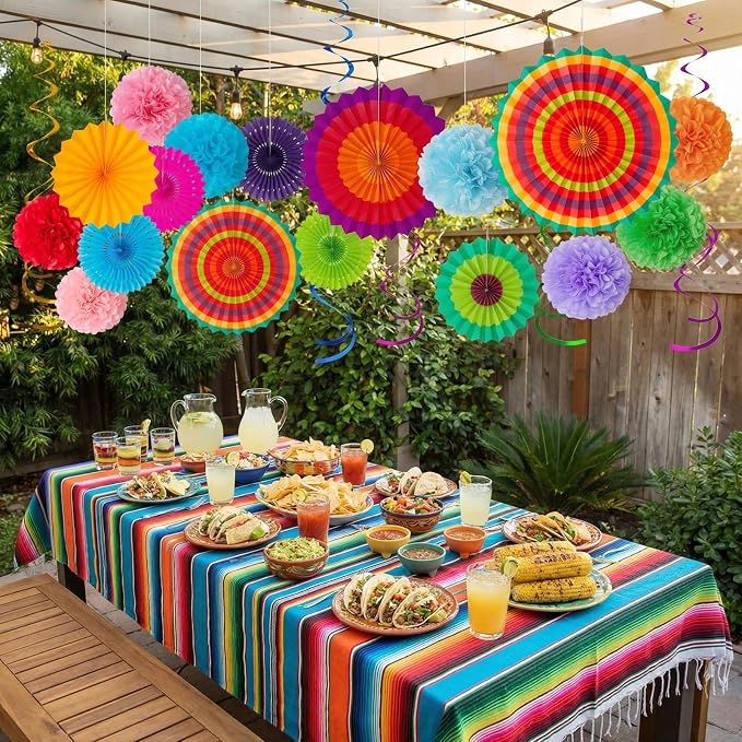 35PCS Fiesta Paper Fan Party Decorations Set | Cinco De Mayo Pom Poms, Pre-assembled Pennant, Garland String & Banner, Hanging Swirls, Hispanic Heritage Month Decor