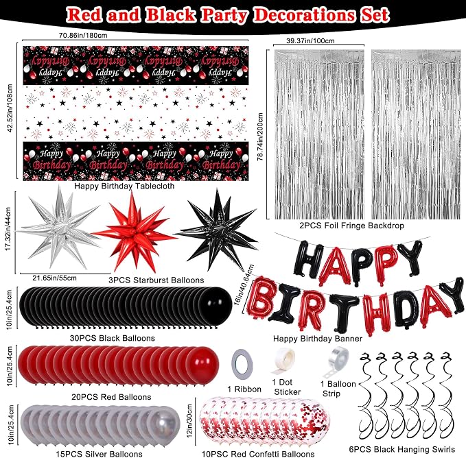 Red Birthday Decorations for Men Women Boys Girls, 91PCS Red Black and Silver Happy Birthday Decorations Kit- Happy Birthday Banner, Star Balloons Arch, Tablecloth, Fringe Curtain, Bday Party Supplies