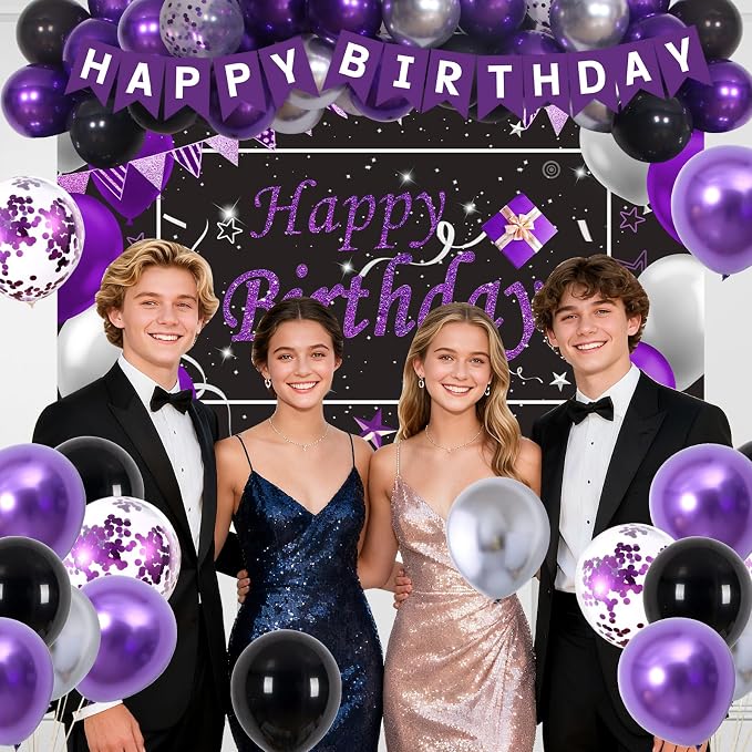 Black Purple Birthday Decorations for Women Girls Men, Purple and Silver Party Decorations Happy Birthday Banner Backdrop Confetti Silver Balloons Arch Hanging Swirls Party Supplies Tablecloth