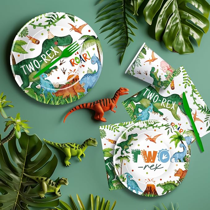 Dinosaur 2nd Birthday Party Supplies For Boy - Dinosaur Theme Dino Two Rex Birthday Decorations Tableware, Disposable Paper Plate, Cup, Napkin, Tablecloth, Cutlery | 24 Guest