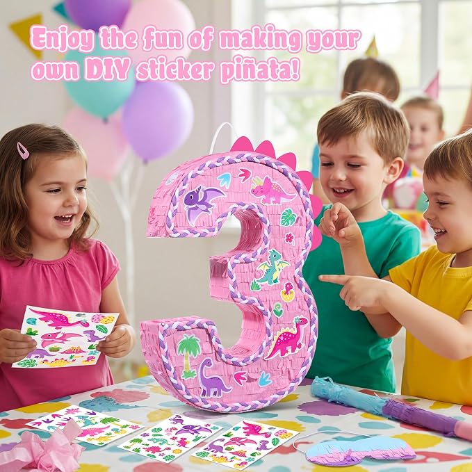 Dinosaur Pinata Set Dino Themed Pinata with Stick and Blindfold Girls Dinosaur Birthday Party for Animal Theme Party Decoration Baby Shower Game Supplies (Pink Dino)
