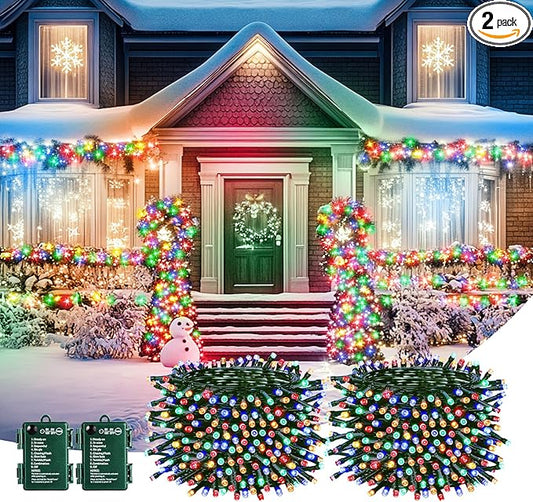 Brightown Christmas Lights Outdoor Battery Operated, 2 Pack Total 33FT 100 LED Battery Powered Fairy Lights with Timer,8 Modes,Waterproof Christmas String Lights for Outside Indoor Bedroom, Multicolor