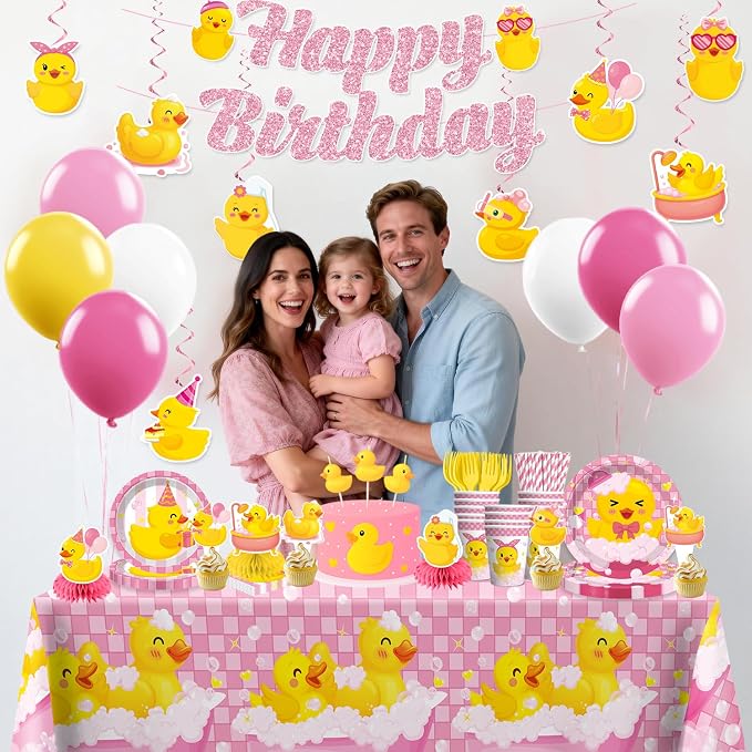 215PCS Pink Duck Birthday Decorations Tableware Set, 25 Serves Disposable Plates and Napkins Set, with Candles, Centerpieces, Banner, Tablecloth, for Duck Party Decorations