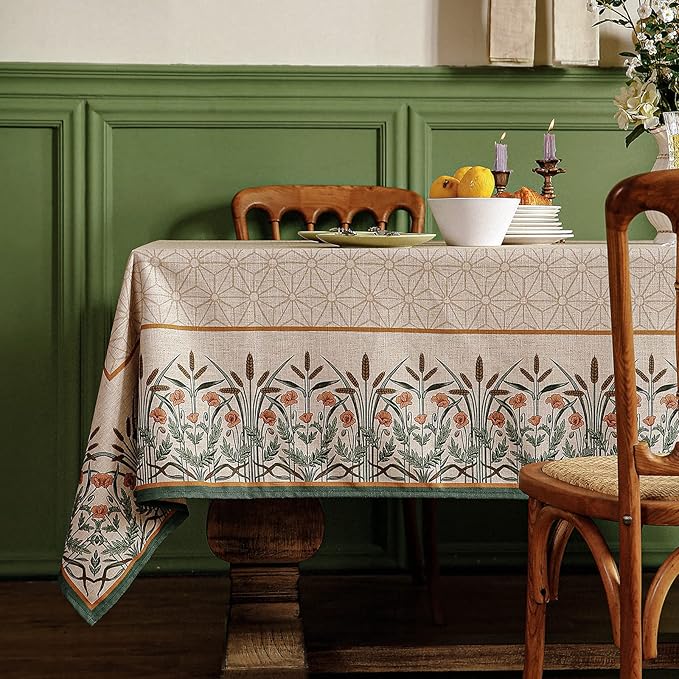 patdrea Vintage French Linen Tablecloth,Square,67"x67"-Cudillero | Elegant Floral Table Cloth for Square Table,Natural Beige Block Print,for Dining Room Tea Party Thanksgiving
