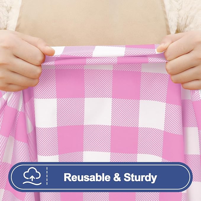 Smiry Picnic Table Cloth 4 Pack, Waterproof Elastic Fitted Tablecloths for 6FT Rectangle Tables, Washable Polyester Buffalo Plaid Tablecloth for Camping, Dining & Outdoor (Pink & White, 30" x 72")
