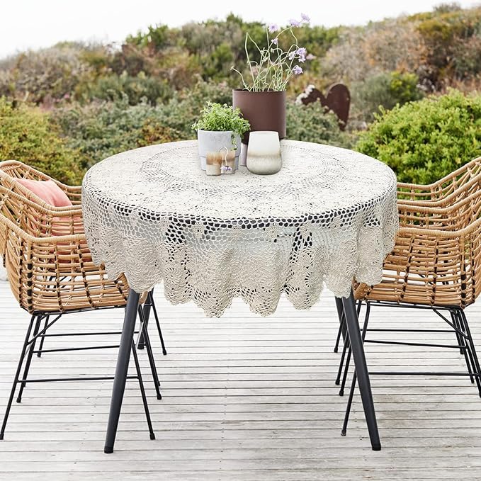 USTIDE 70" Crochet Round Tablecloth Beige Cotton Lace Table Overlays Handmade Crochet Floral Design Table Covers