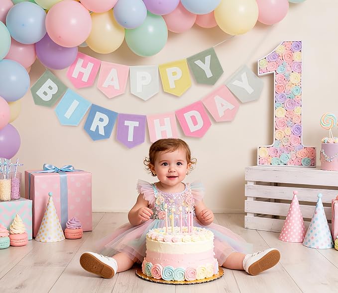 Happy Birthday Banner Felt Pastel Birthday Decorations Sign Pastel Rainbow Party Garland First Girl Pennant Banner