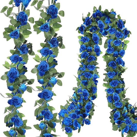 Aneco 4 Pack 32 FT Royal Blue Flower Artificial Rose Vines Roses Fake Vine Flowers Plants Party Supplies for Holiday Wedding Garden Craft Art Decoration