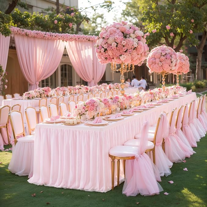 2-in-1 Pink Tablecloths for 8 Foot Rectangle Tables with Tulle Table Skirt Wedding Table Cover Stretchy Fitted Ruffle Tutu Tablecloth for Baby Shower Reception Birthday Parties Celebration Banquet