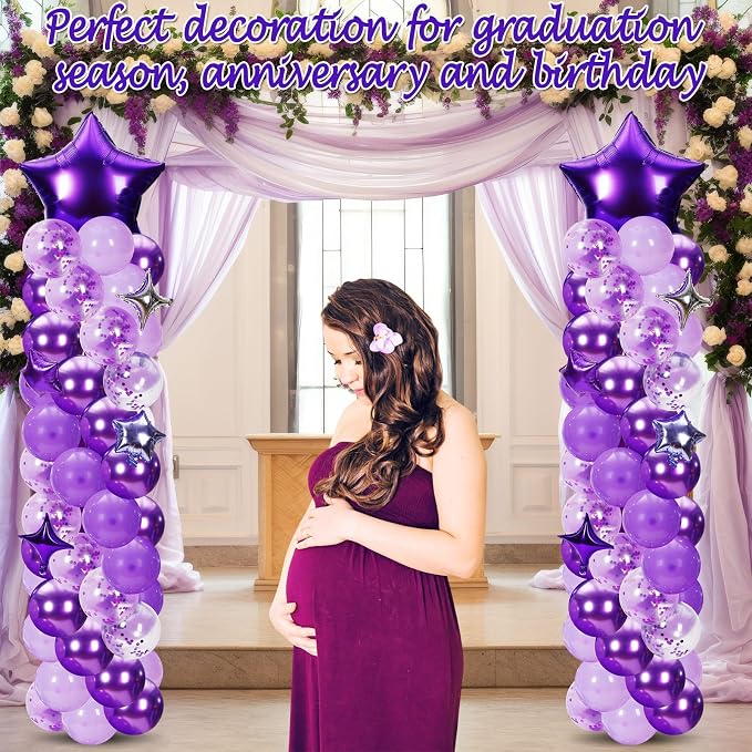 Gejoy 110 Pcs Purple Silver Balloons Column Stand Kit Adjustable Tower Stand from 1.4 to 6.6 ft with Bases for Back to School Wedding Birthday Baby Shower Party