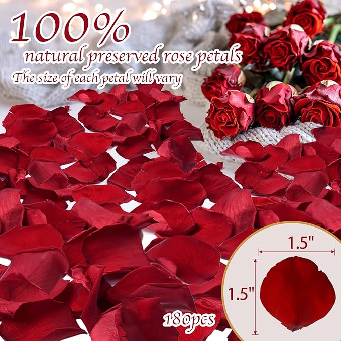 180 PCS Real Red Rose Petals Confetti for Romantic Night, 1.75oz Preserved Freeze Dried Flower Petals for Wedding Proposal, Valentine's Day Centerpiece Decor