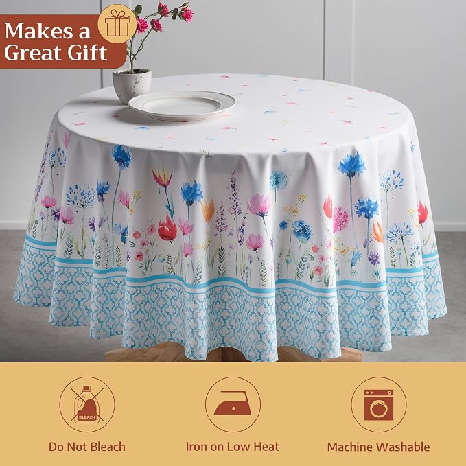 Maison d' Hermine Table Cloth Round Table 100% Cotton 69 Round Inches Tablecloth Reusable Decorative for Dining Kitchen Room Farmhouse Party Home Hotel Restaurant Spring Summer - Flower in The Field