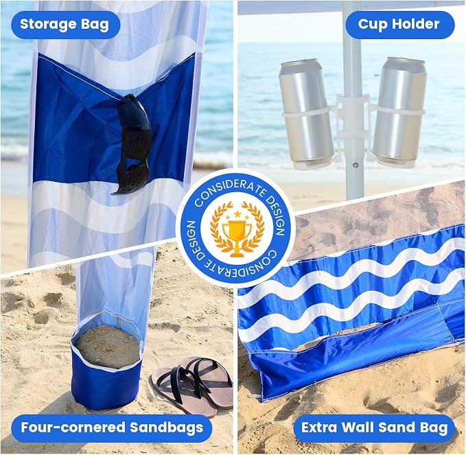 Zeraty Beach Cabana 8'×8', Portable Beach Canopy with Side Wall, UPF 50+ Silver-Coated Beach Tent Sun Shelter Easy Pop Up, Wind Resistant Adjustable Height Beach Umbrella Tent for Family, Navy Blue