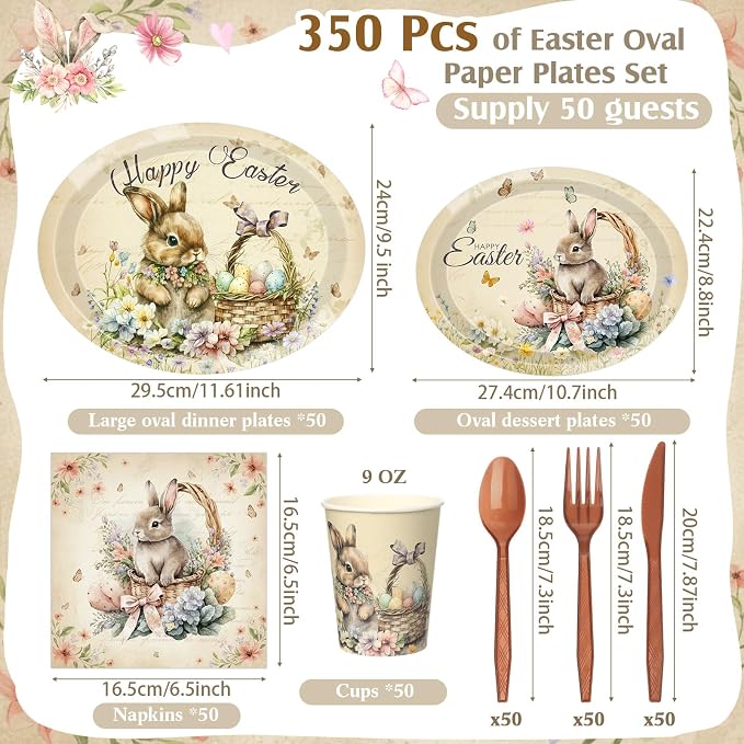Pajean 350 Pcs Easter Bunny Oval Paper Plates Set with 12 Inch Disposable Vintage Easter Oval Plates and Napkins Bunny Flower Eggs Heavy Duty Dinnerware for 50 Guests Picnic Spring Party Supplies