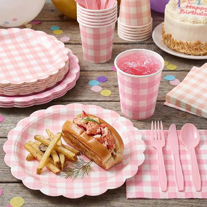 Yaomiao 168 Pcs Pink Gingham Plates and Napkins Pink Princess Party Decor Pastel Gingham Paper Plates Cups Napkin Plastic Knife Fork Spoon Serve 25 Guests Wedding Baby Shower Birthday Party Supplies