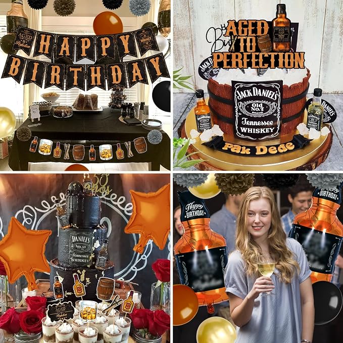 BORAMDO Whiskey Birthday Party Decorations for Men - Aged to Perfection Supplies including Birthday Banner, Cake Toppers, Foil Balloons, Tissue Paper Flowers (brown)