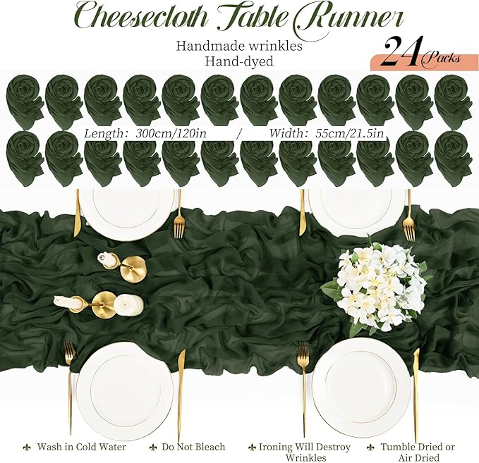 24 Packs Hunter Green Cheesecloth Table Runner,10ft Green Rustic Gauze Boho Wedding Table Runner Decoration, Wedding Table Decor Sheer Table Runner for Wedding Party Bridal Shower Table