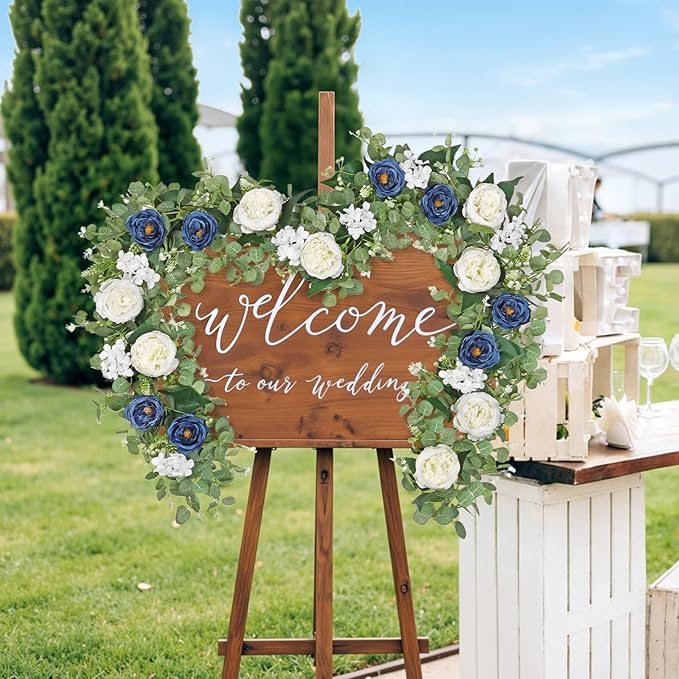 Betylifoy 2 Pack 12Ft Blue White Flower Garland Artificial Eucalyptus Flower Garlands Fake Peony Rose Floral Vines Silk Hydrangea Hanging Vine Greenery Garland for Wedding Party Table Backdrop Decor