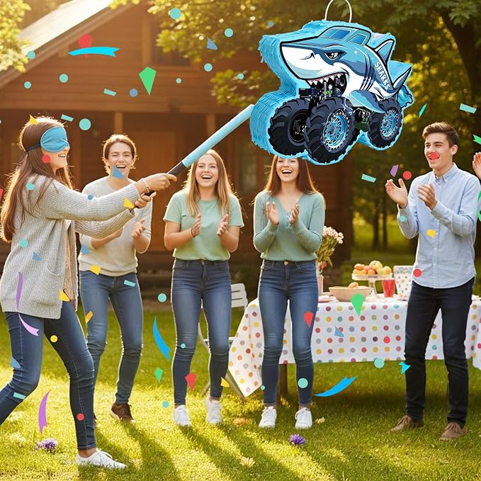 Shark Truck Pinata - Monster Truck Pinata with Blindfold and Bat for Birthday Parties, Monster Truck Pinata for Themed Decorations 16x12x3 Inches