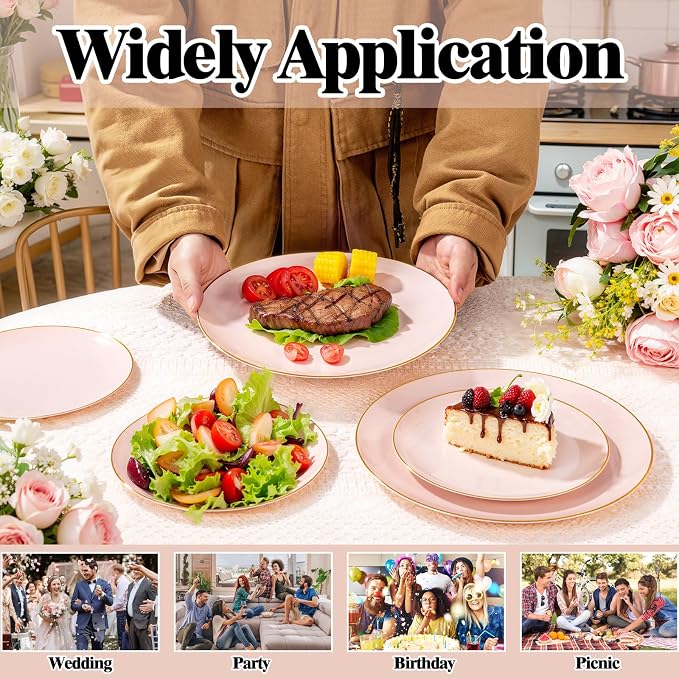 YOUBET 125PCS Pink Plastic Plates - Pink Disposable Plates With Gold Rim - Pinks and Gold Plates Include 25 Dinner Plates, 25 Dessert Plate, 75 Cutlery for Party Wedding Birthday