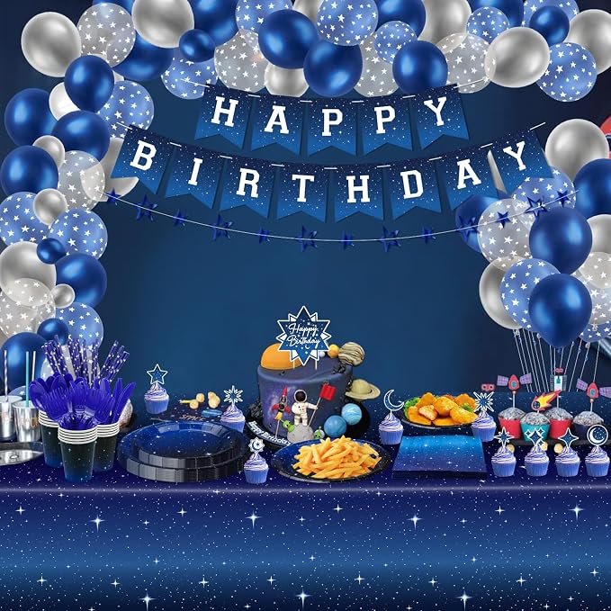 221 Pack Space Galaxy Party Supplies Ramadan Decoration Starry Night Tableware Set Space Birthday Banner Star Garlands Outer Tablecloth Galaxy Planet Themed Birthday Party Decorations Serves 20