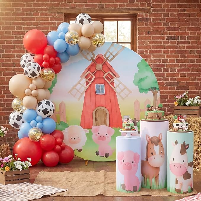 146 Pcs Farm Animals Arch Backdrop Cover Cylinder Stand Covers balloons set for party Photo Props 7.2 feet Animal Round Backdrop Covers for Farmhouse Country Birthday Baby Shower Ceremony Party Decor
