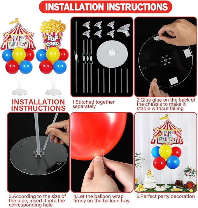 Carnival Circus Birthday Party Balloons Stand Kit 2 Sets with 2 Circus Tent Popcorn Foil Balloons Plim Themed Red Blue Yellow Balloon Centerpiece for Tables for Carnival Birthday Party Decorations