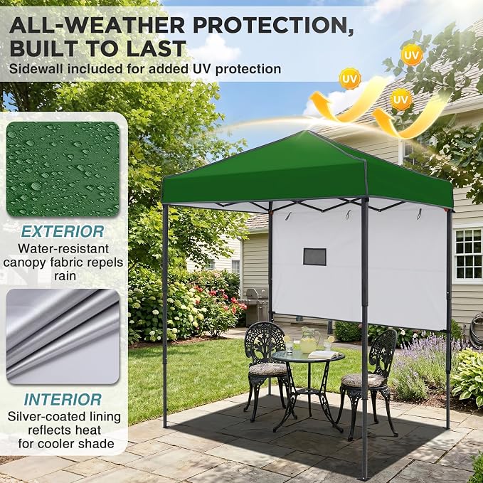 EAGLE PEAK 6x4 Instant Pop Up Canopy Tent with 1 Half Wall Panel, Straight Leg Sun Shelter, Portable Canopy with Carry Bag for Camping, Beach & Sports, Green