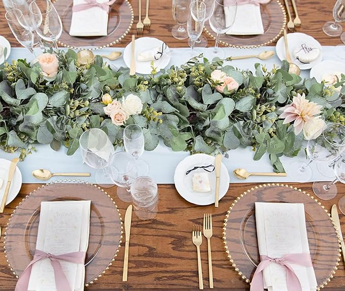 Ouddy Decor 2 Pack Eucalyptus Garland Total 13.1 Ft Lush Silver Dollar Leaves Boxwood Artificial Faux Greenery Vines for Baby Shower Wedding Party Table Runner Room Home Mantle Decor