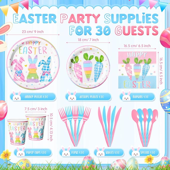 Honeydak 210 Pcs Happy Easter Party Supplies for 30 Guests, Includes Colorful Bunny Plates, Cups, Napkins, Cutlery - Cute Rabbit Carrot Tableware Decoration for Baby Shower Easter Party