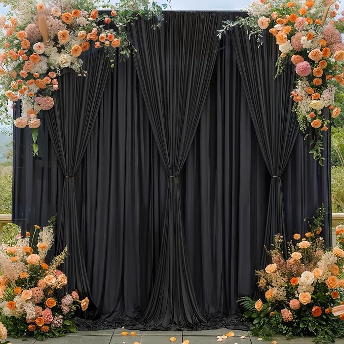 Black Backdrop Curtain 4 Panels-Wrinkle-Free Black Curtains Polyester Photography Drapes for Wedding Birthday Party Photo Background Backdrop Stand- 16 X10FT