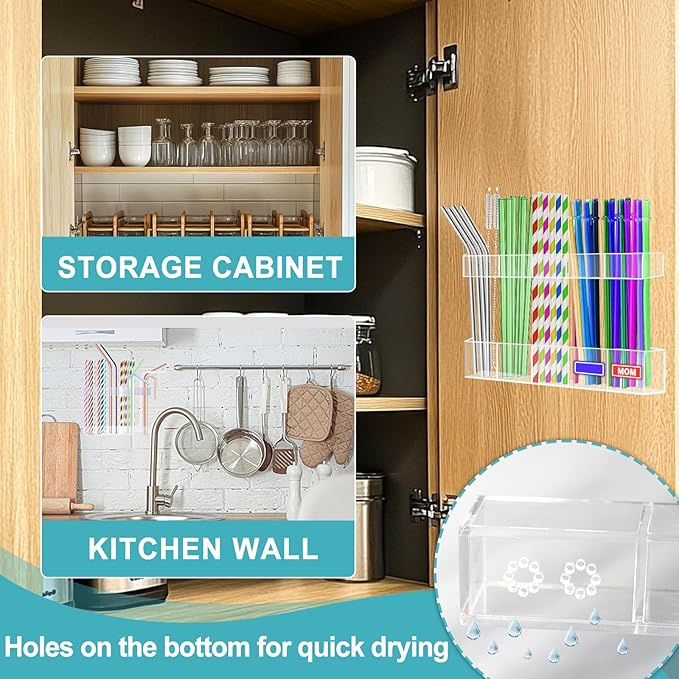 Aheroi 2 Pack Straw Holder, 9.5” Large Acrylic Straw Holder for Cabinet Door with 40pcs Label Stickers &15pcs Adhesive Tape, Reusable Sign Holders Organizer for Kitchen Accessories Storage
