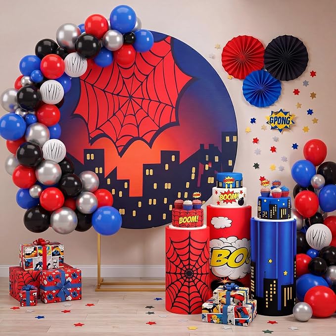 146 Pcs spider Arch Backdrop Cover Cylinder Stand Covers balloons set for party Photo Props 7.2 feet Round Backdrop spider Spandex Pedestal Covers for Birthday Baby Shower Ceremony Party Decor